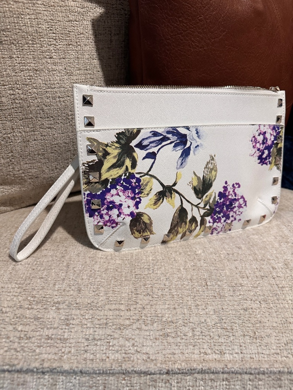 White House Black Market Floral Studded Wristlet Clutch White Purple